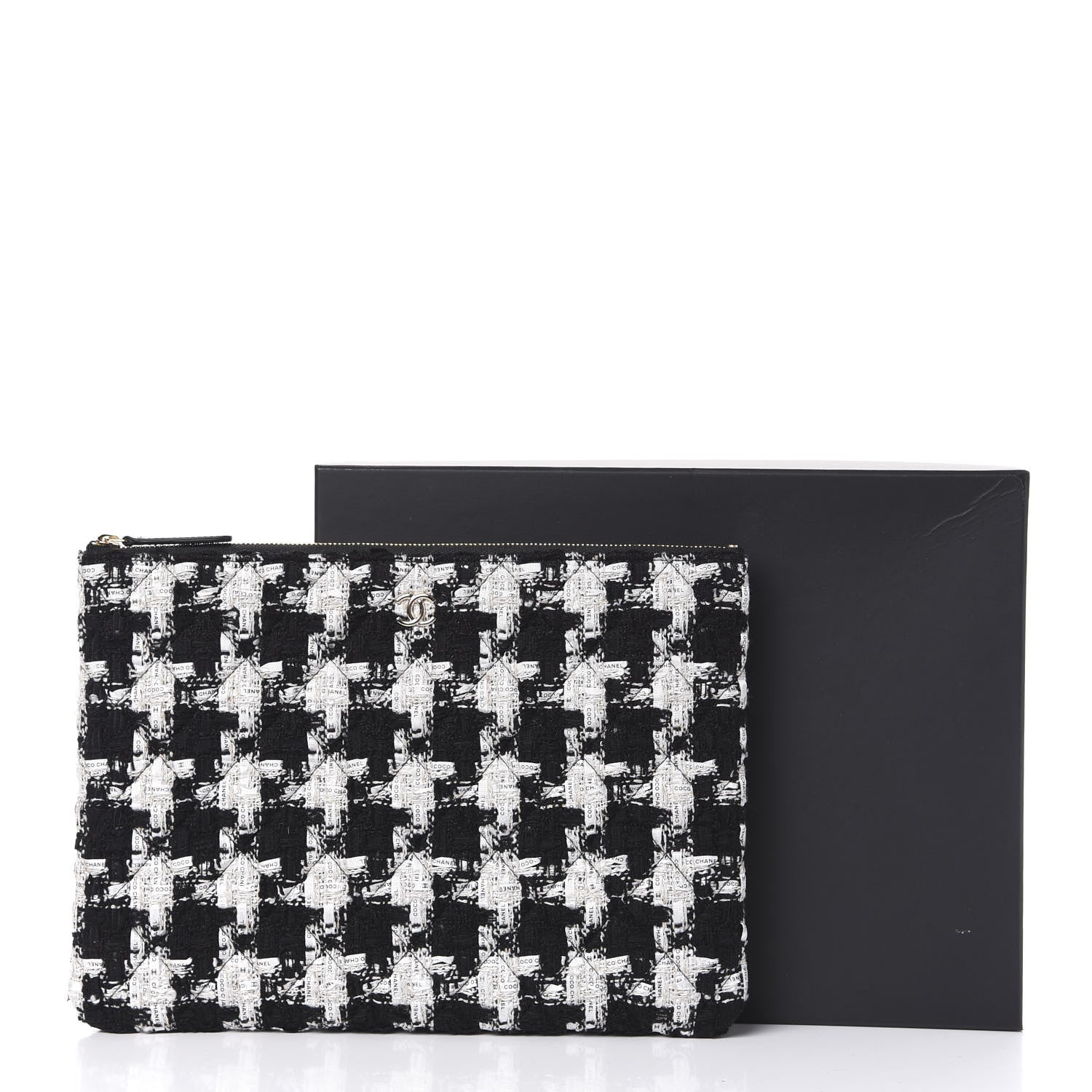 Chanel Tweed Quilted Medium Cosmetic Pouch Black Ecru White 8 of 8