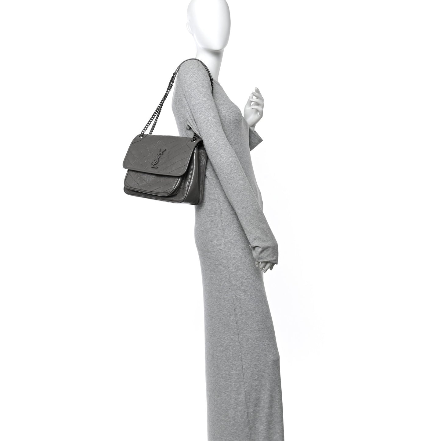 Crinkled Calfskin Matelasse Monogram Medium Niki Chain Satchel Fog