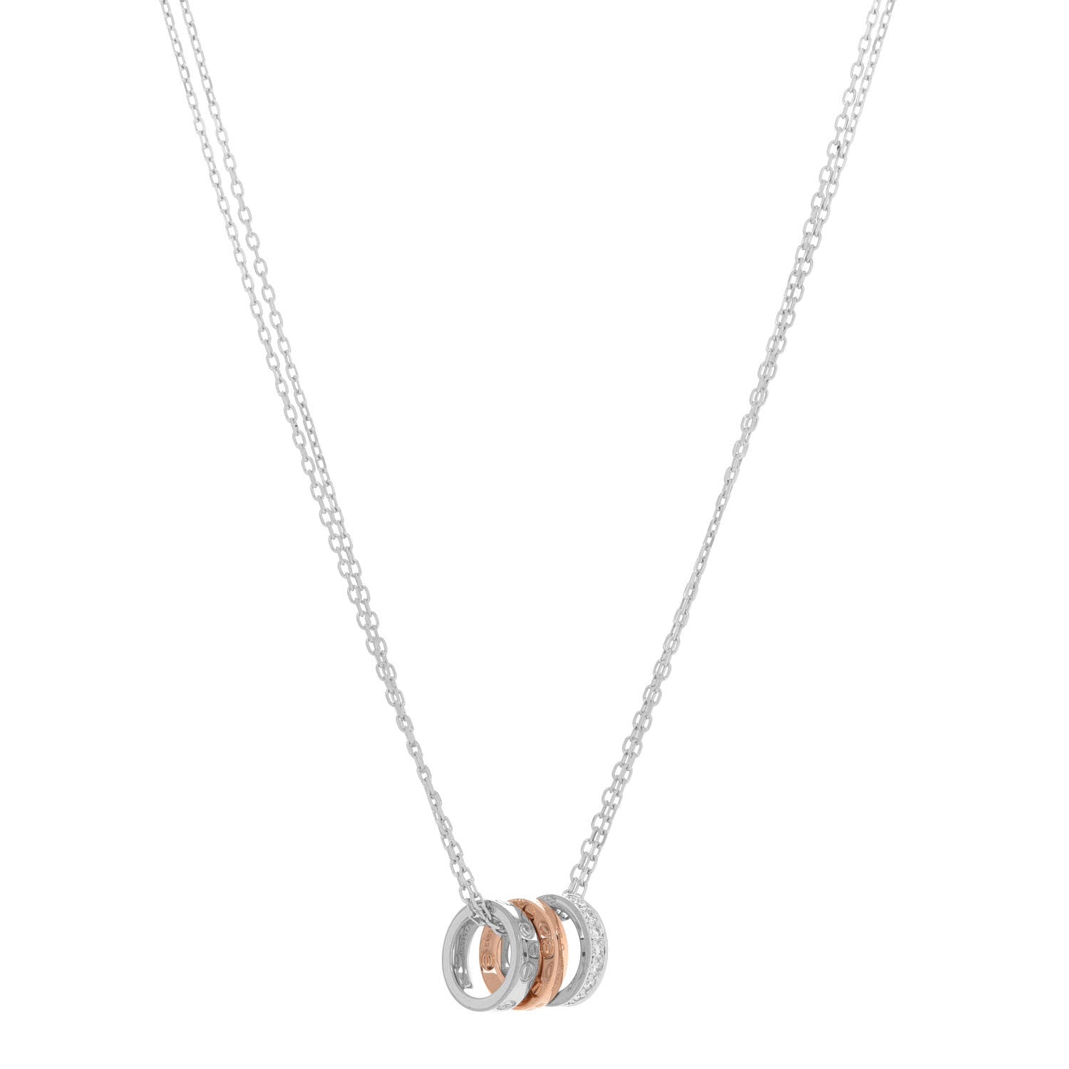 Cartier 18K White Pink Gold Diamond .29ctw Three Ring LOVE Pendant Necklace 1 of 9