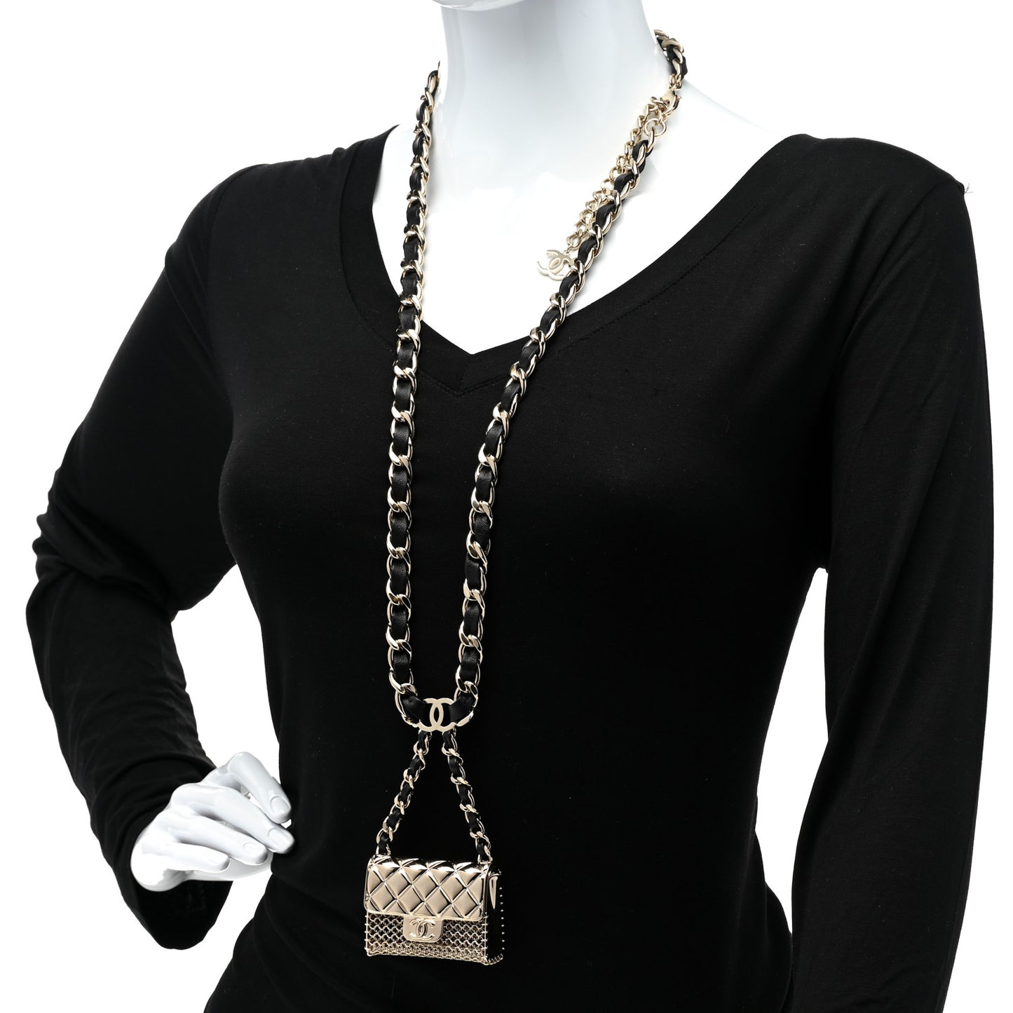 Metal Lambskin Pearl Chain Flap Bag Long Necklace Gold Black Pearly White