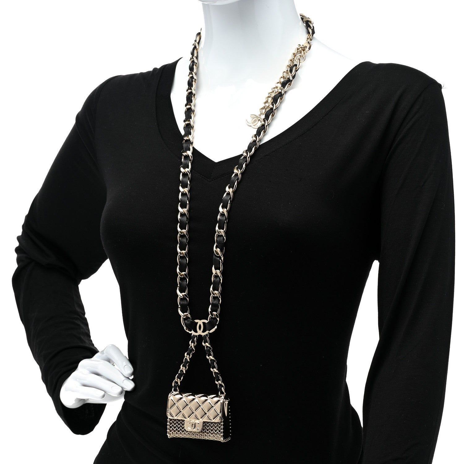 Chanel Metal Lambskin Pearl Chain Flap Bag Long Necklace Gold Black Pearly White 2 of 7