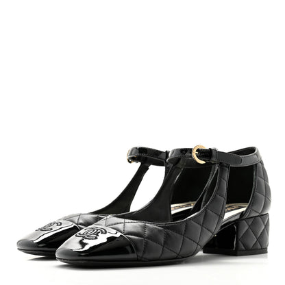 Chanel Lambskin Patent Quilted Cap Toe Mary Jane Flats 37.5 Black 3 of 10