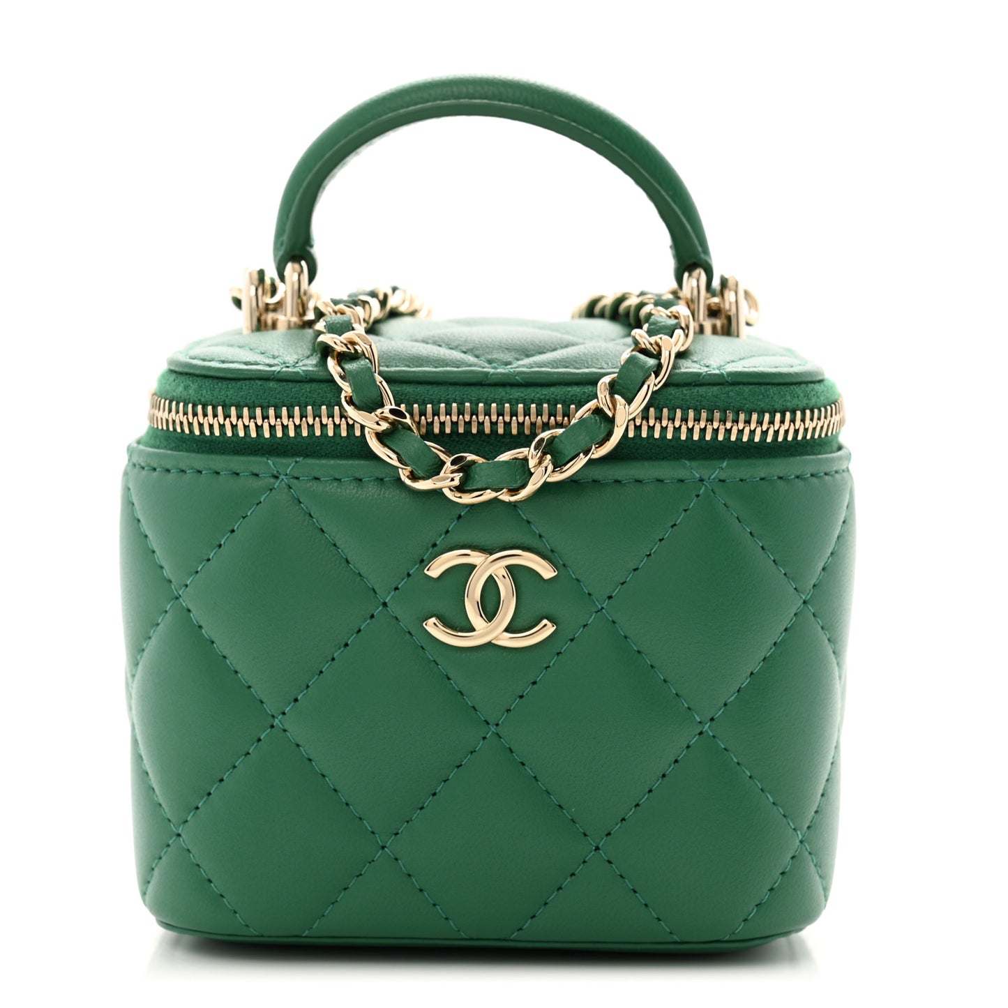 Lambskin Quilted Top Handle Mini Vanity Case With Chain Green