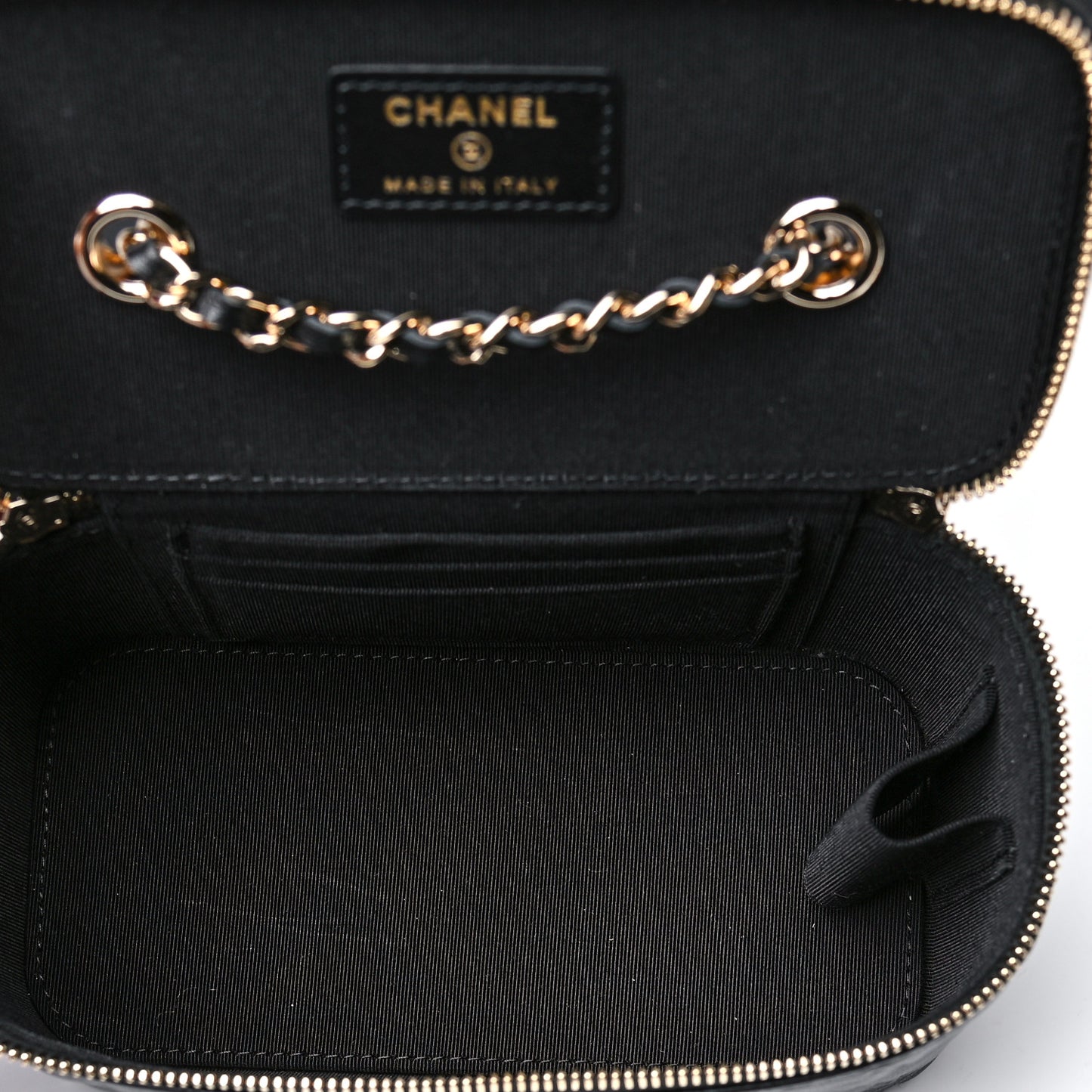 Lambskin Camellia Embossed Small Vanity Case With Chain Black