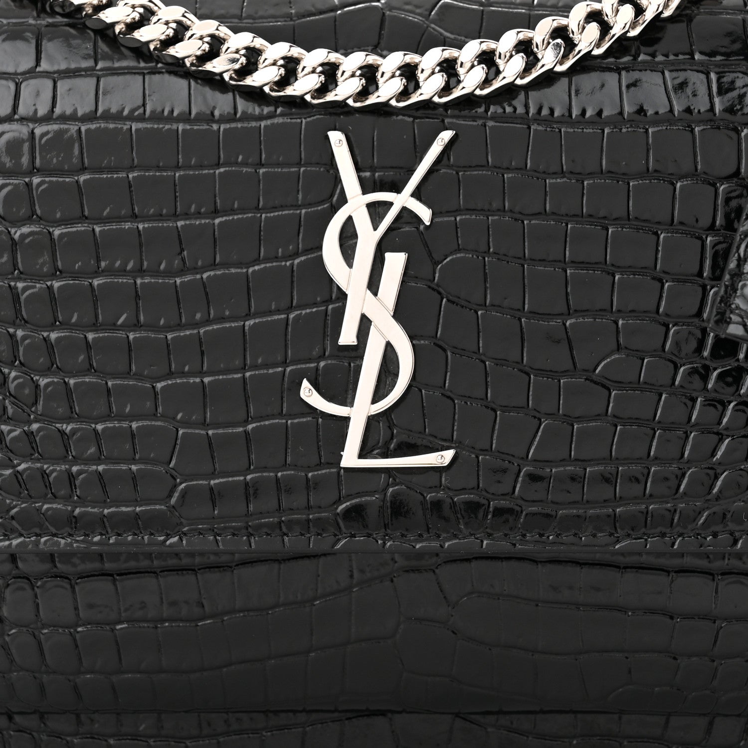 Saint Laurent Calfskin Crocodile Embossed Medium Monogram Sunset Black 7 of 9
