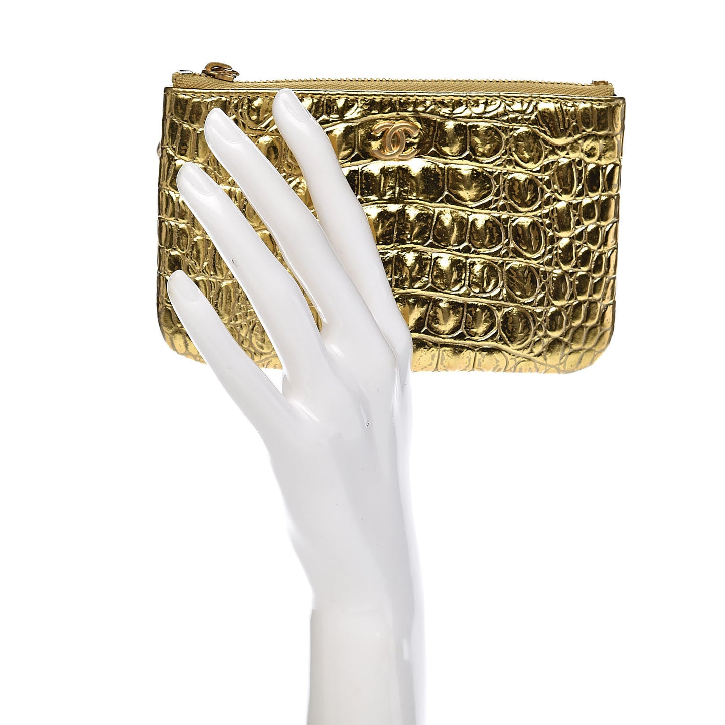 Metallic Calfskin Crocodile Embossed Cocodile Cosmetic Case Gold
