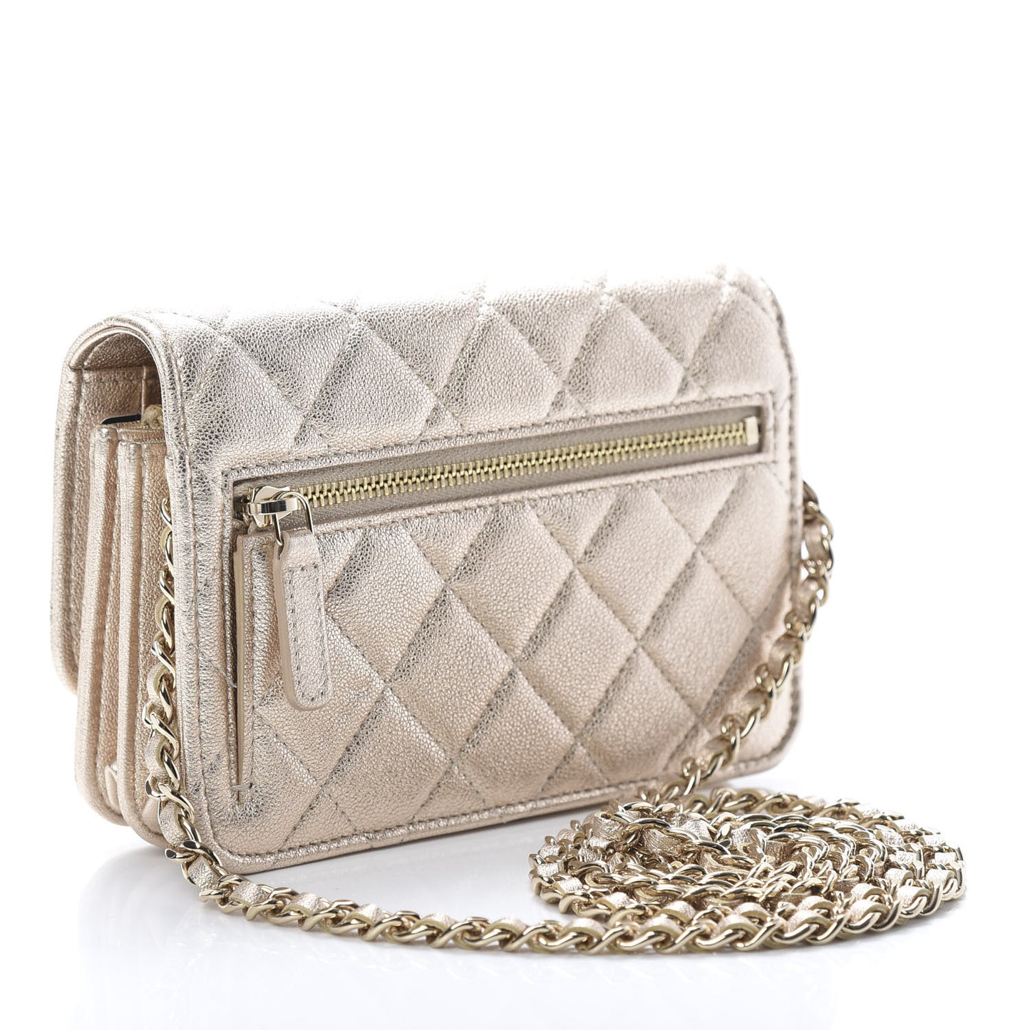 Metallic Lambskin Quilted Mini Wallet On Chain WOC Gold