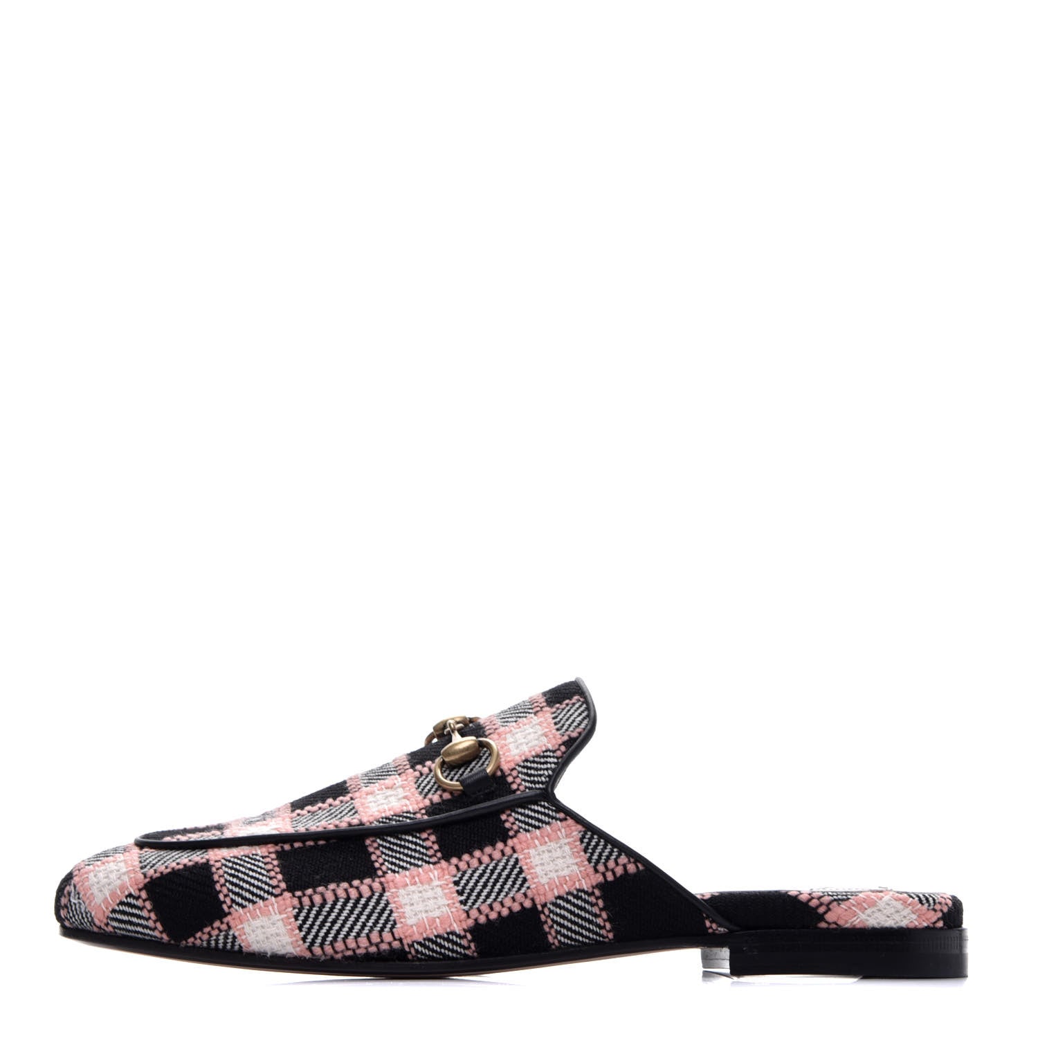 Gucci Tweed Calfskin Damier Womens Princetown Slippers 37 Black Pink Multicolor 1 of 8
