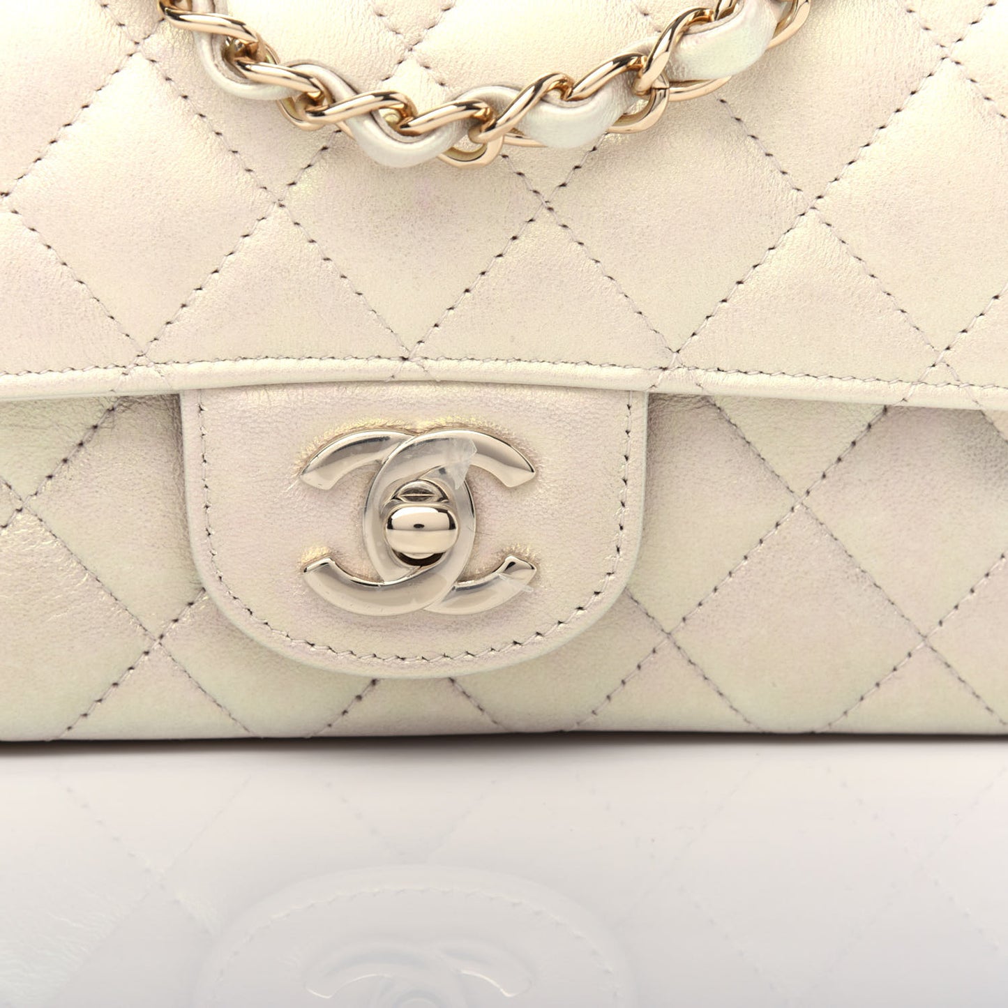 Iridescent Lambskin Quilted Mini Rectangular Flap Ivory