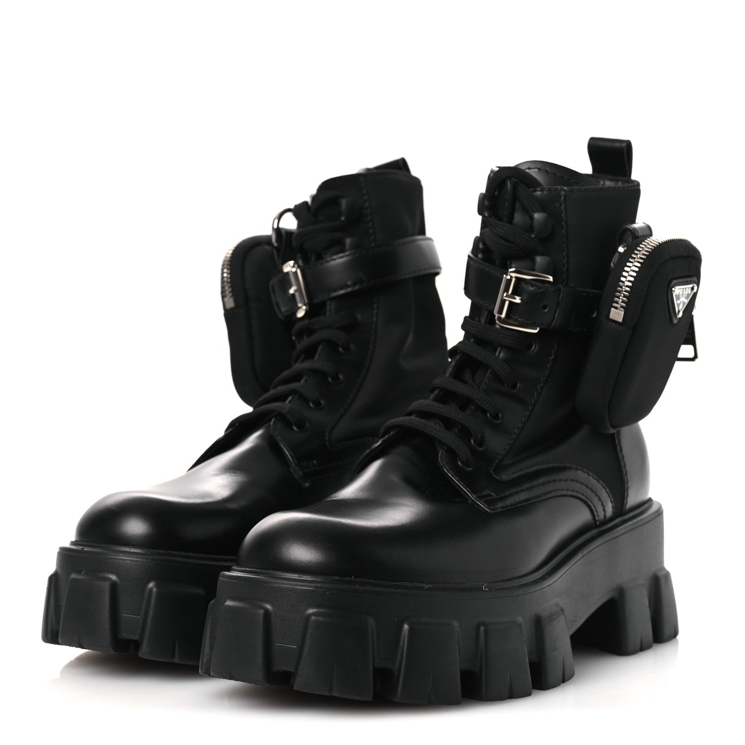 Prada Spazzolato Rois Nylon Metal Triangle Logo Monolith Pouch Pocket 55mm Boots 38 Black 4 of 12