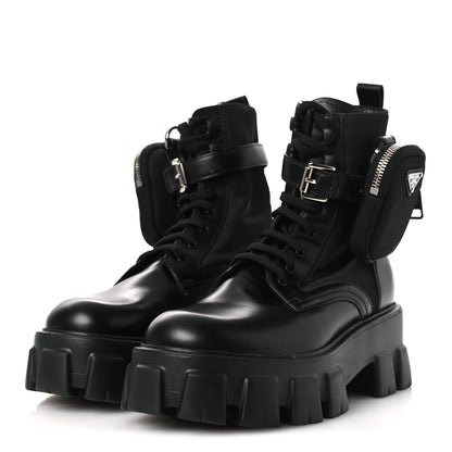 Prada Spazzolato Rois Nylon Metal Triangle Logo Monolith Pouch Pocket 55mm Boots 38 Black 4 of 12
