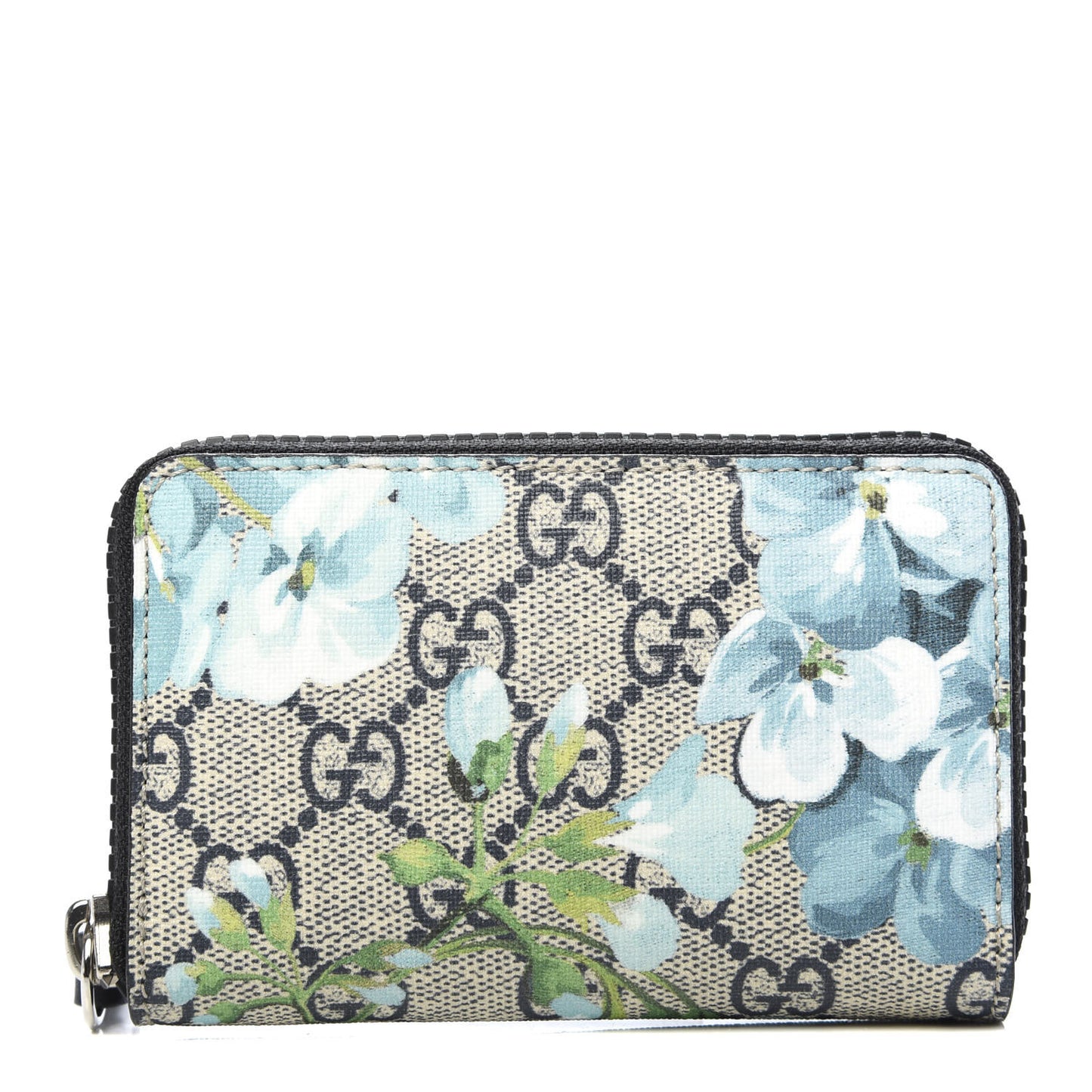 GG Supreme Monogram Blooms Zip Around Card Case Wallet Beige Blue Navy