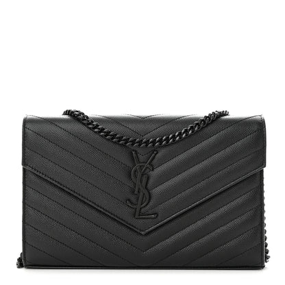 Saint Laurent Grain De Poudre Matelasse Chevron Monogram Monochrome Chain Wallet Black 1 of 14