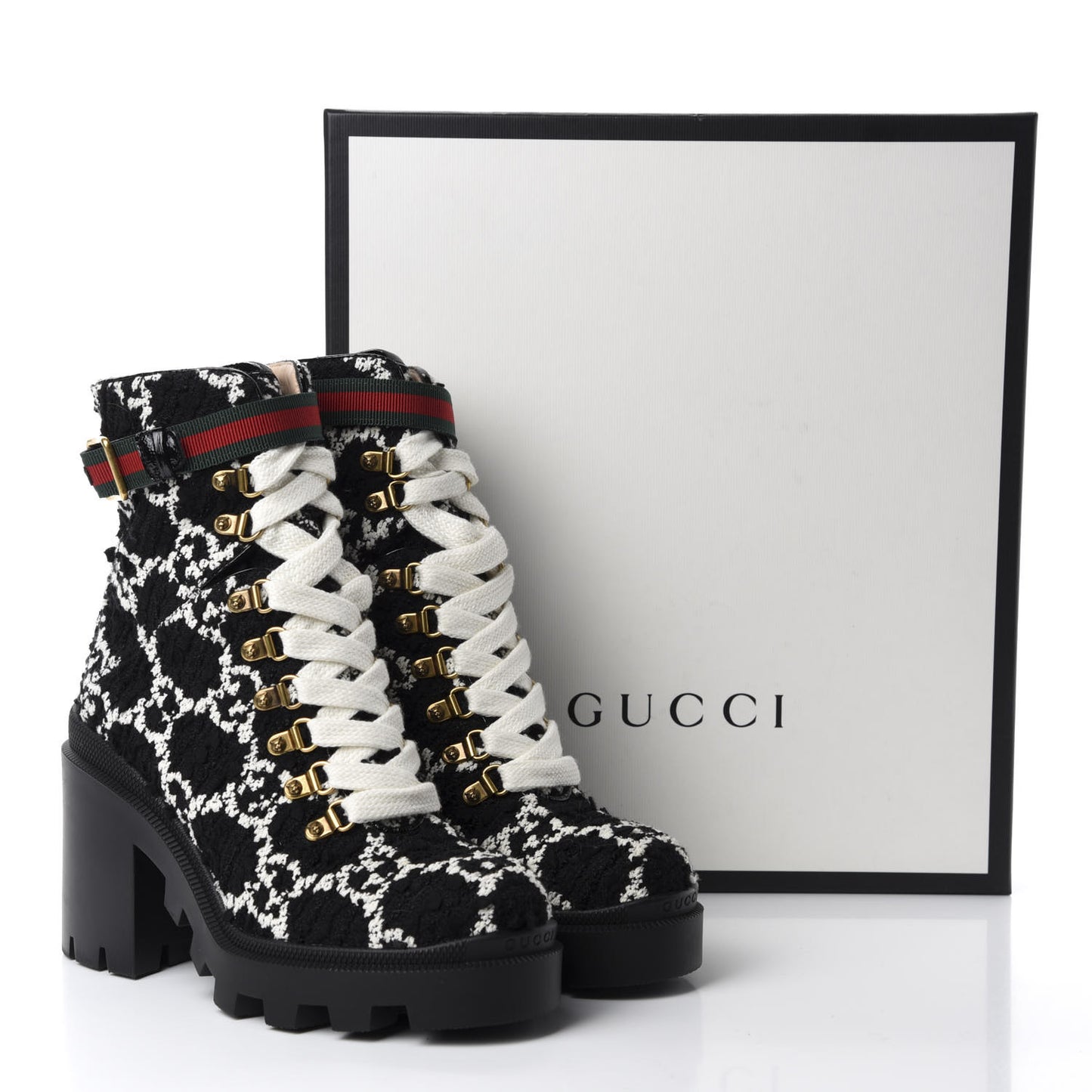 Tweed GG Monogram Lace Up Combat Ankle Boots 38 Black