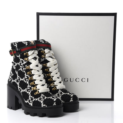 Gucci Tweed GG Monogram Lace Up Combat Ankle Boots 38 Black 12 of 12