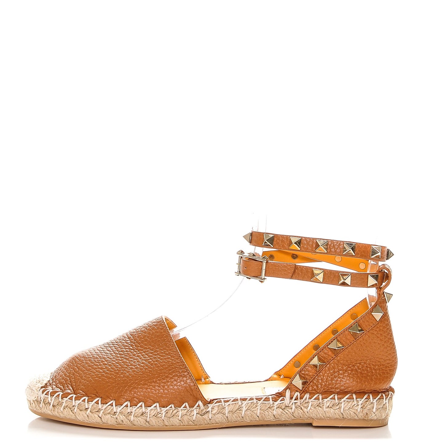 Grained Calfskin Rockstud Ankle Wrap Espadrille Flats 35 Cognac