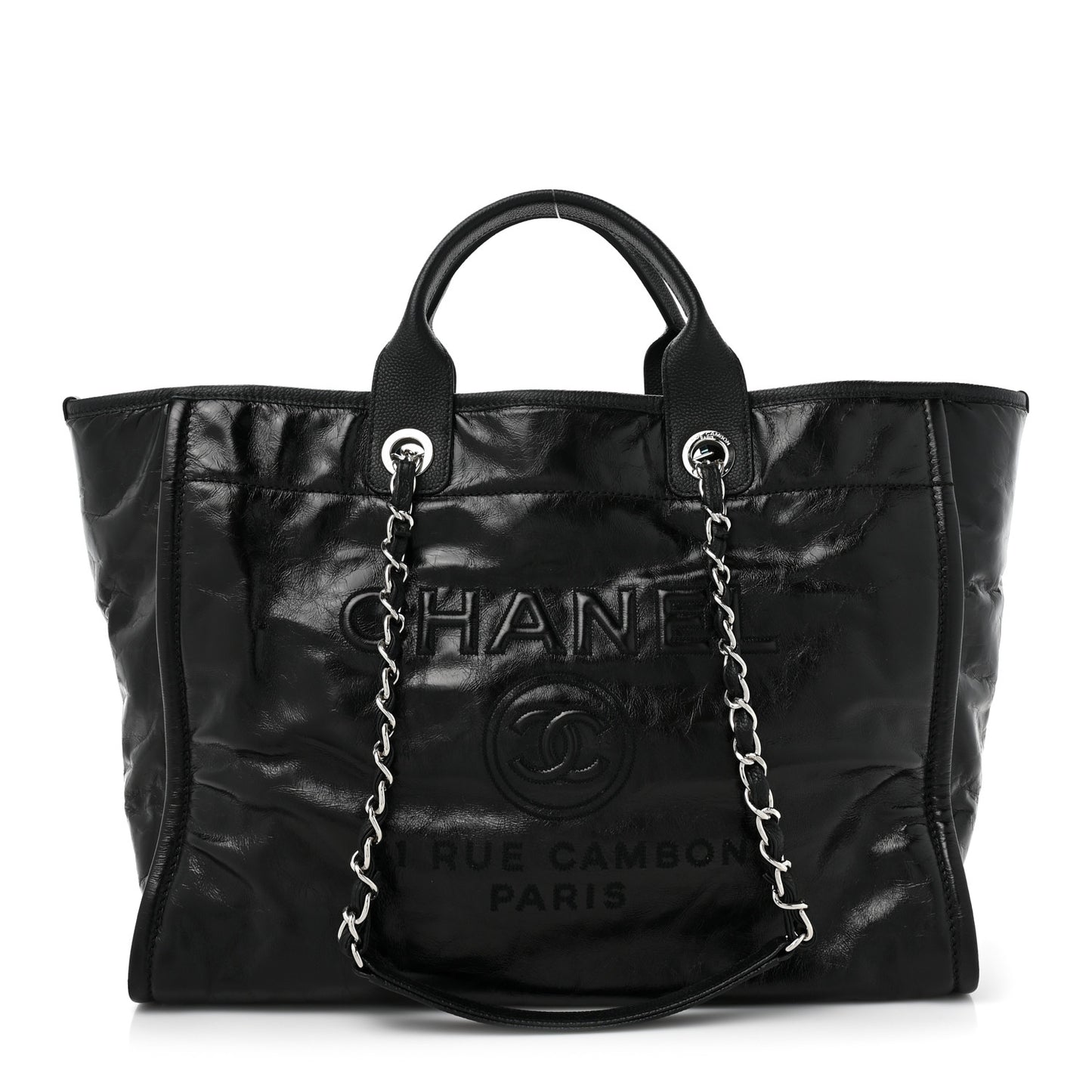 Glazed Calfskin Medium Deauville Tote Black