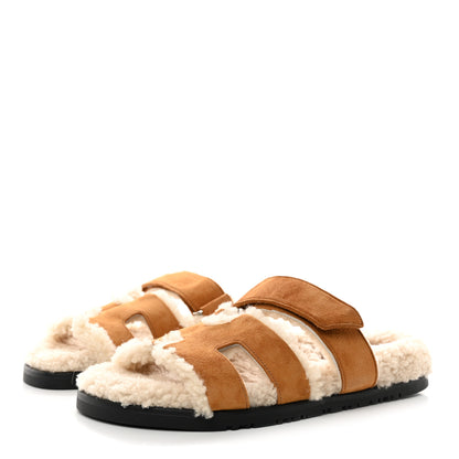 Hermes Suede Goatskin Woolskin Womens Chypre Sandals 37 Naturel Ecru 3 of 8