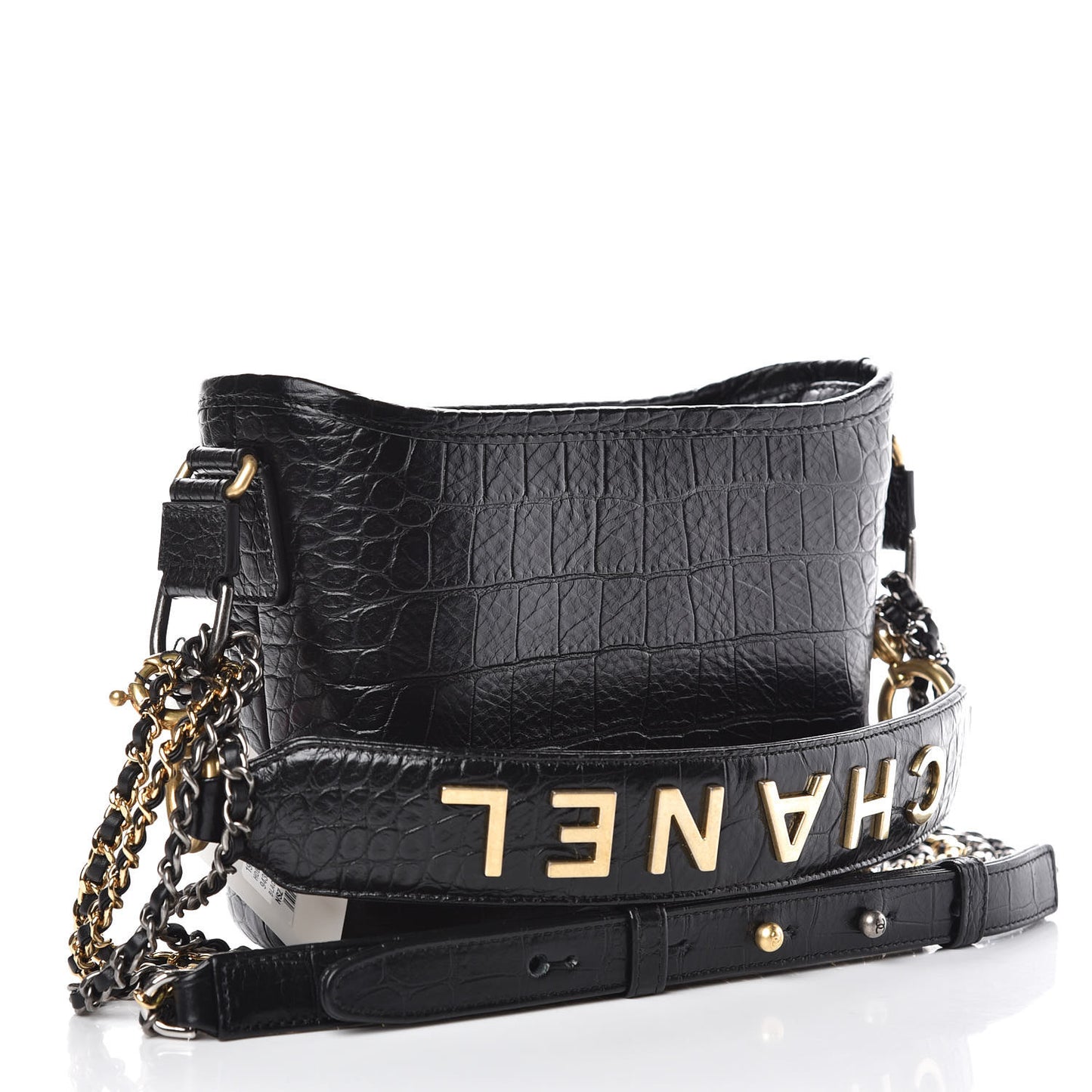 Calfskin Crocodile Embossed Small Gabrielle Cocodile Hobo Black