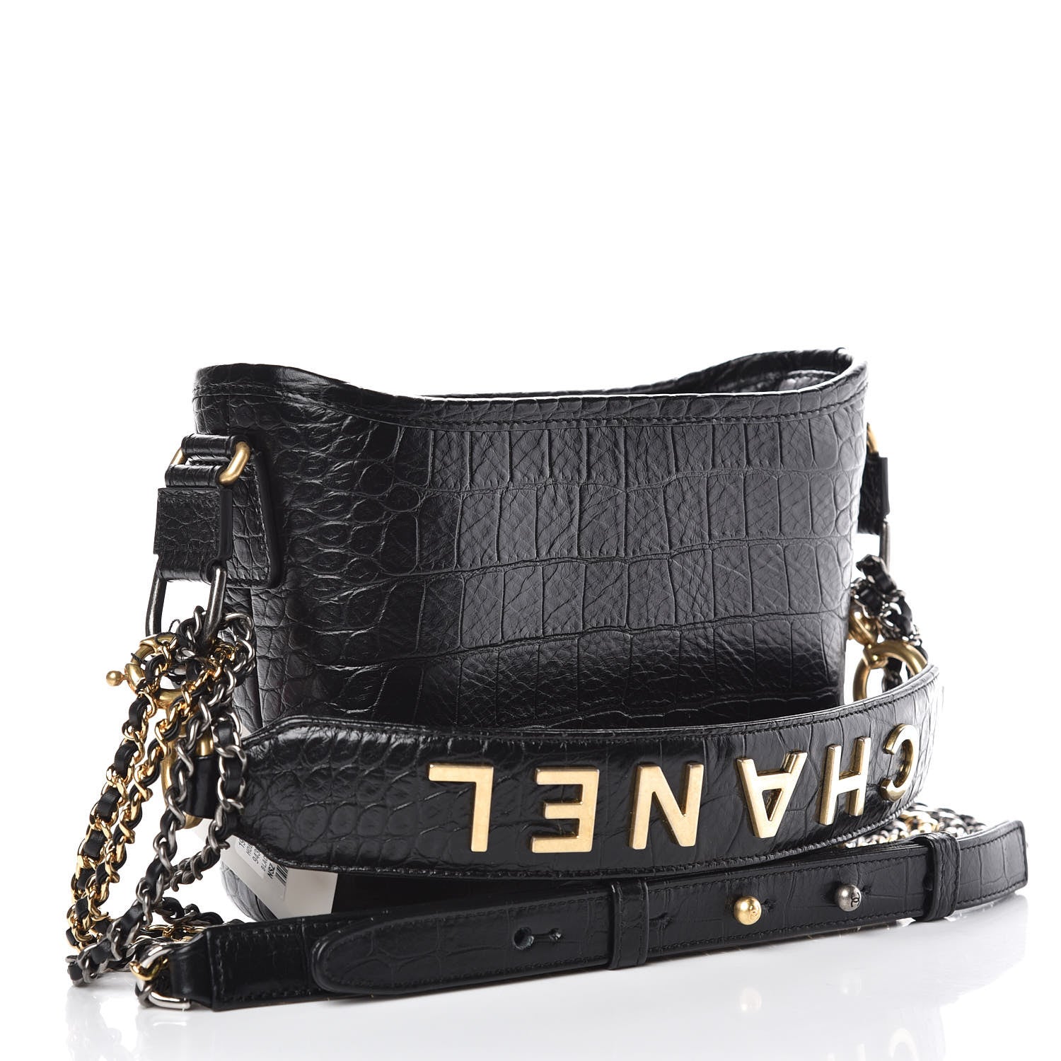 Chanel Calfskin Crocodile Embossed Small Gabrielle Cocodile Hobo Black 3 of 10