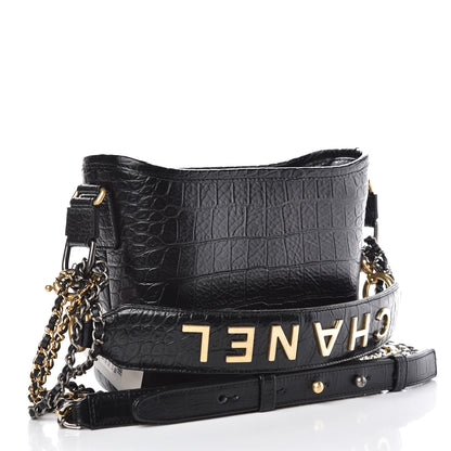 Chanel Calfskin Crocodile Embossed Small Gabrielle Cocodile Hobo Black 3 of 10