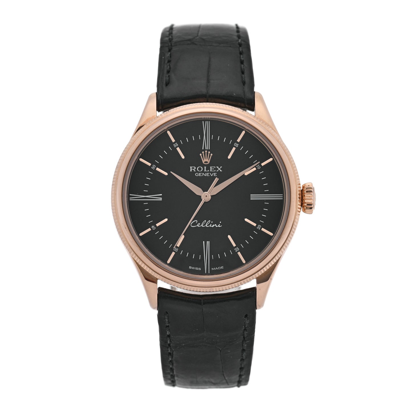 18K Everose Gold Alligator 39mm Cellini Watch Black 50505