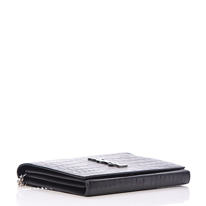 Saint Laurent Calfskin Crocodile Embossed Monogram Chain Wallet Black 4 of 11