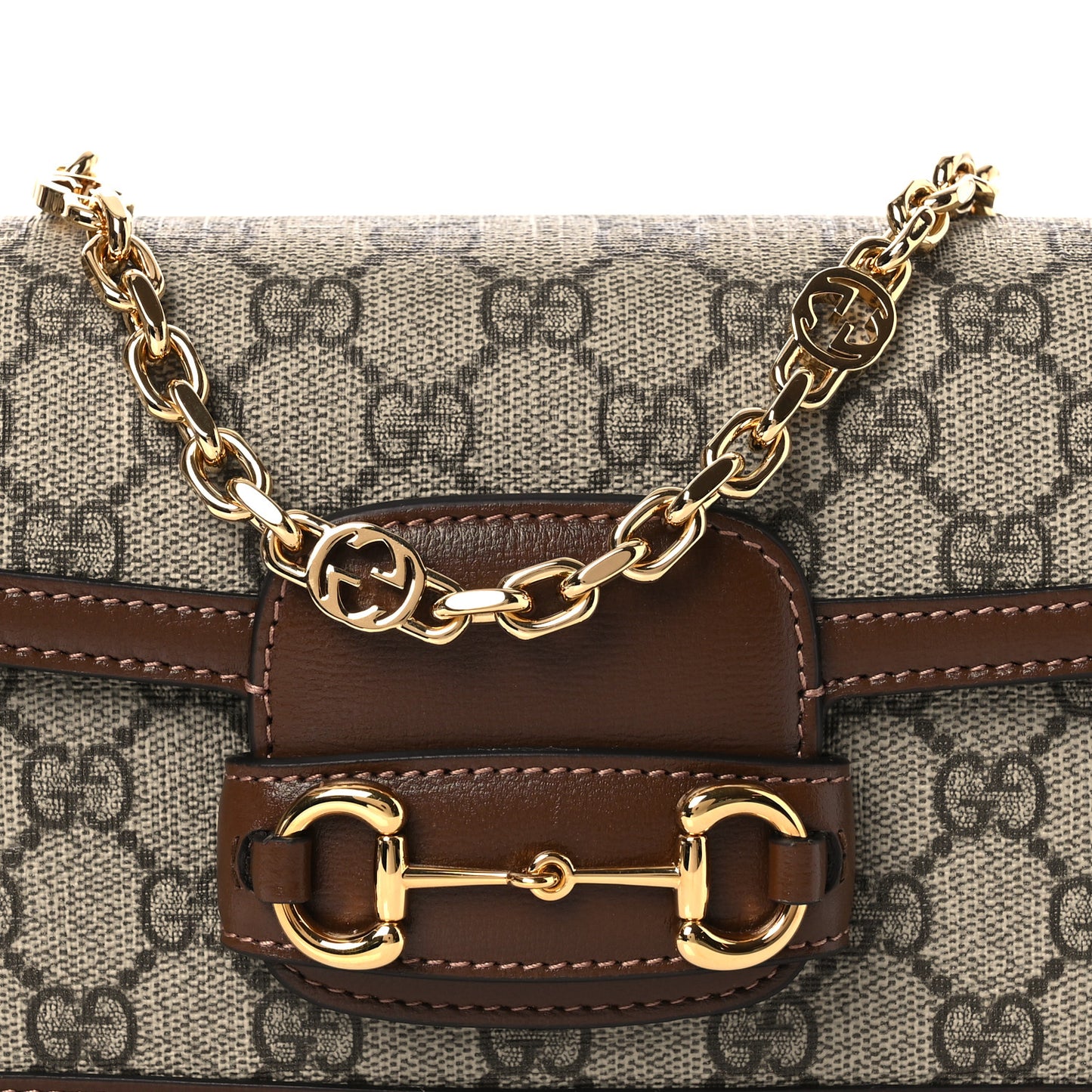 GG Supreme Monogram Small Horsebit 1955 Chain Shoulder Bag Beige Ebony Brown Sugar
