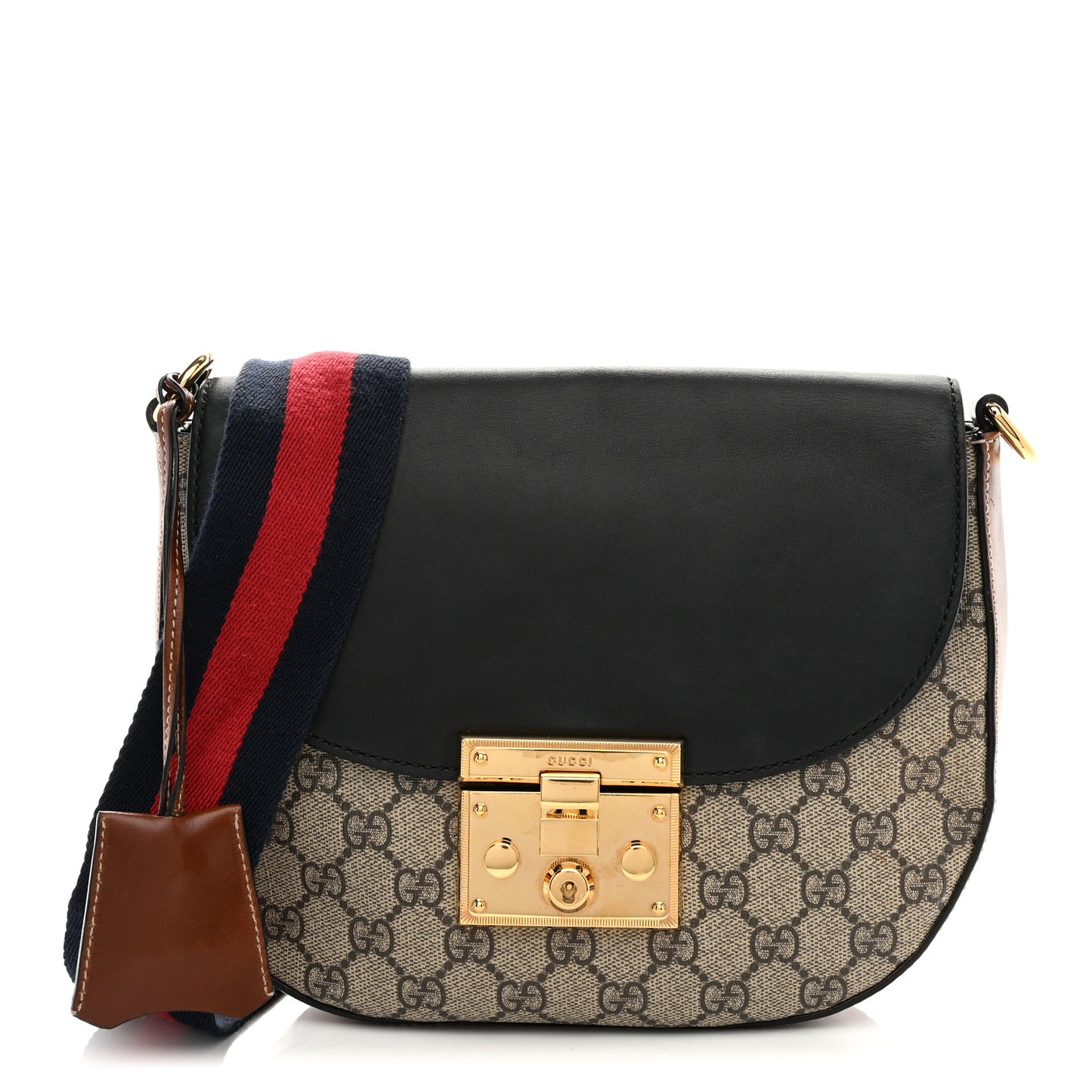 GG Supreme Monogram Web Medium Padlock Messenger Shoulder Bag Black