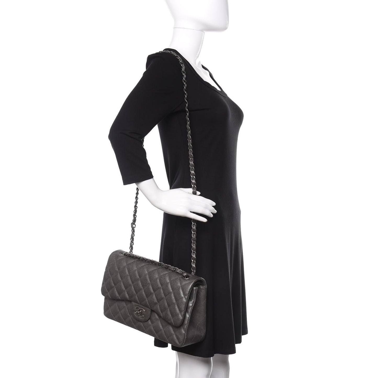 Metallic Caviar Quilted Jumbo Double Flap Dark Silver