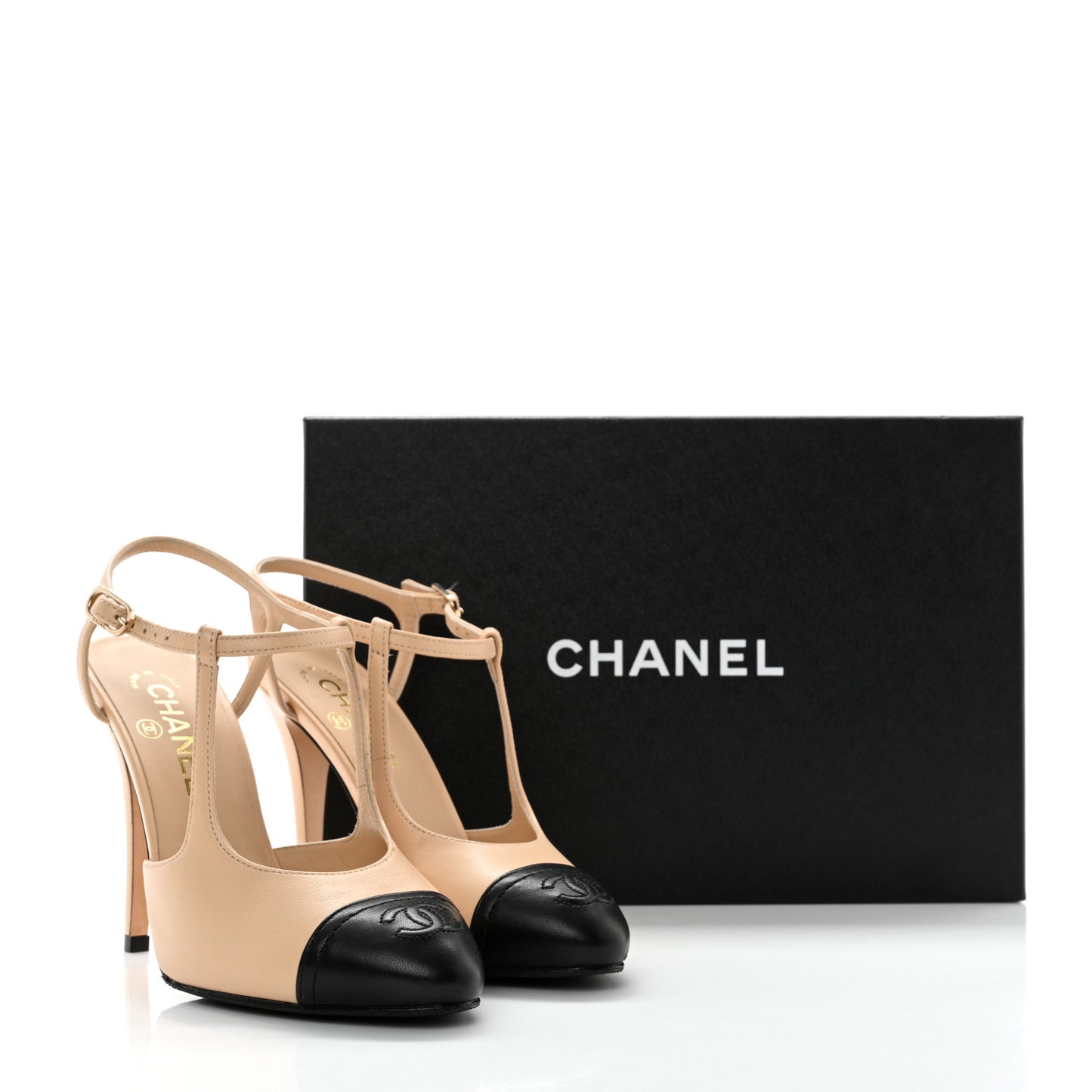 Lambskin Cap Toe CC Slingback Pumps 37 Beige Black