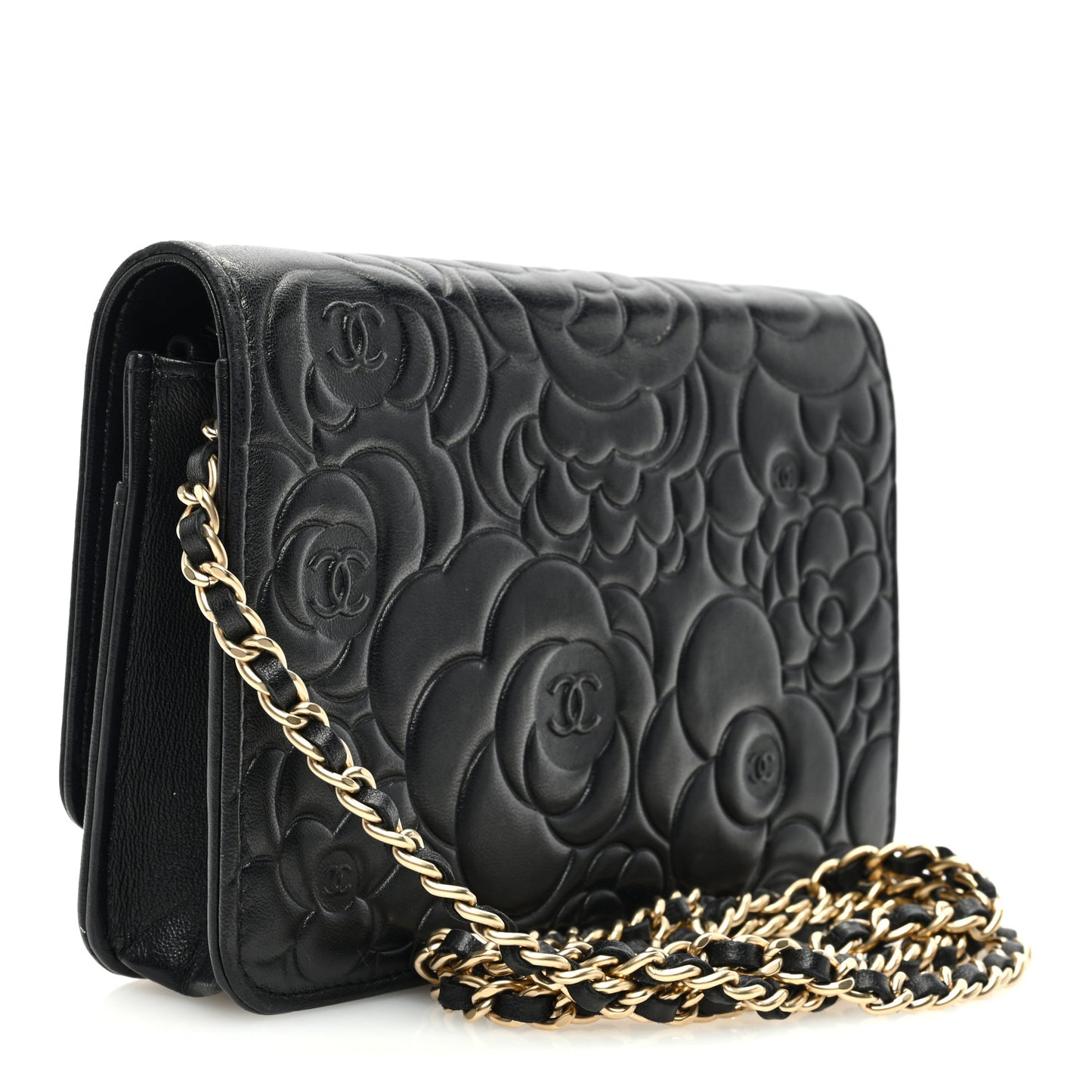 Lambskin Camellia Embossed Wallet On Chain WOC Black