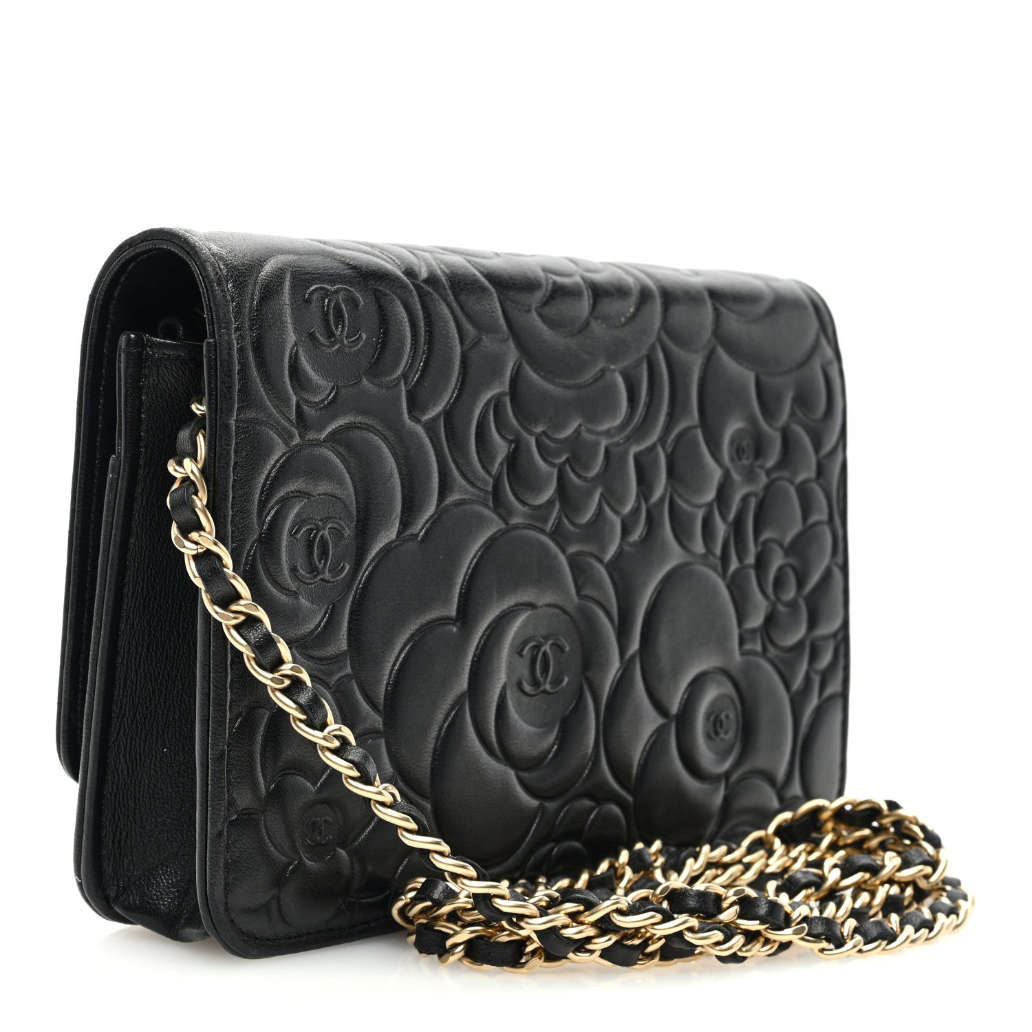 Chanel Lambskin Camellia Embossed Wallet On Chain WOC Black 4 of 11