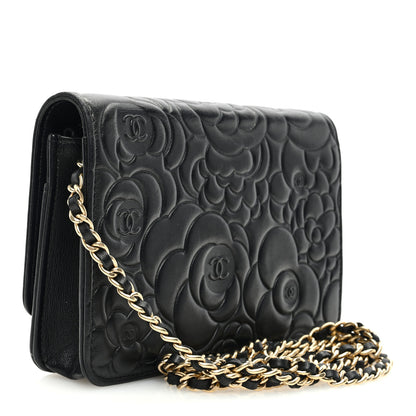 Chanel Lambskin Camellia Embossed Wallet On Chain WOC Black 4 of 11
