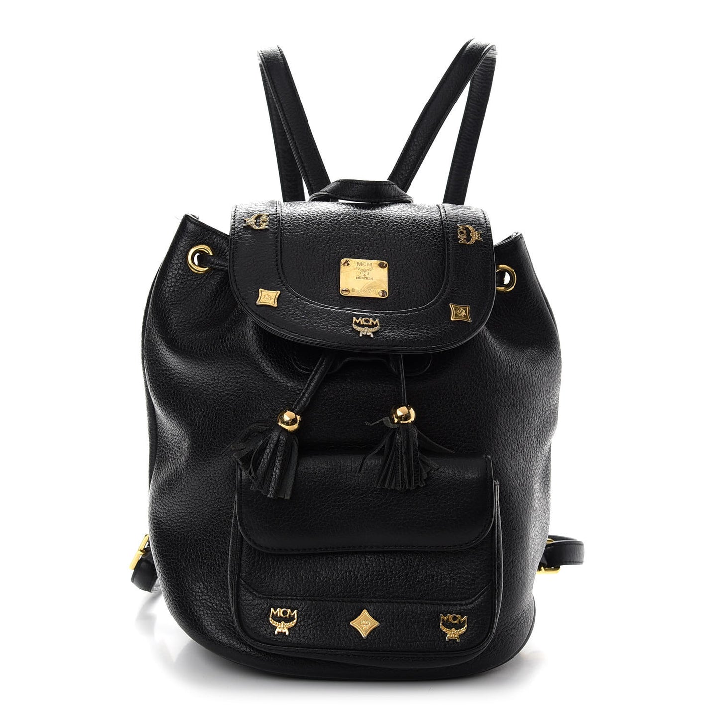 Grained Calfskin Studded Drawstring Backpack Black