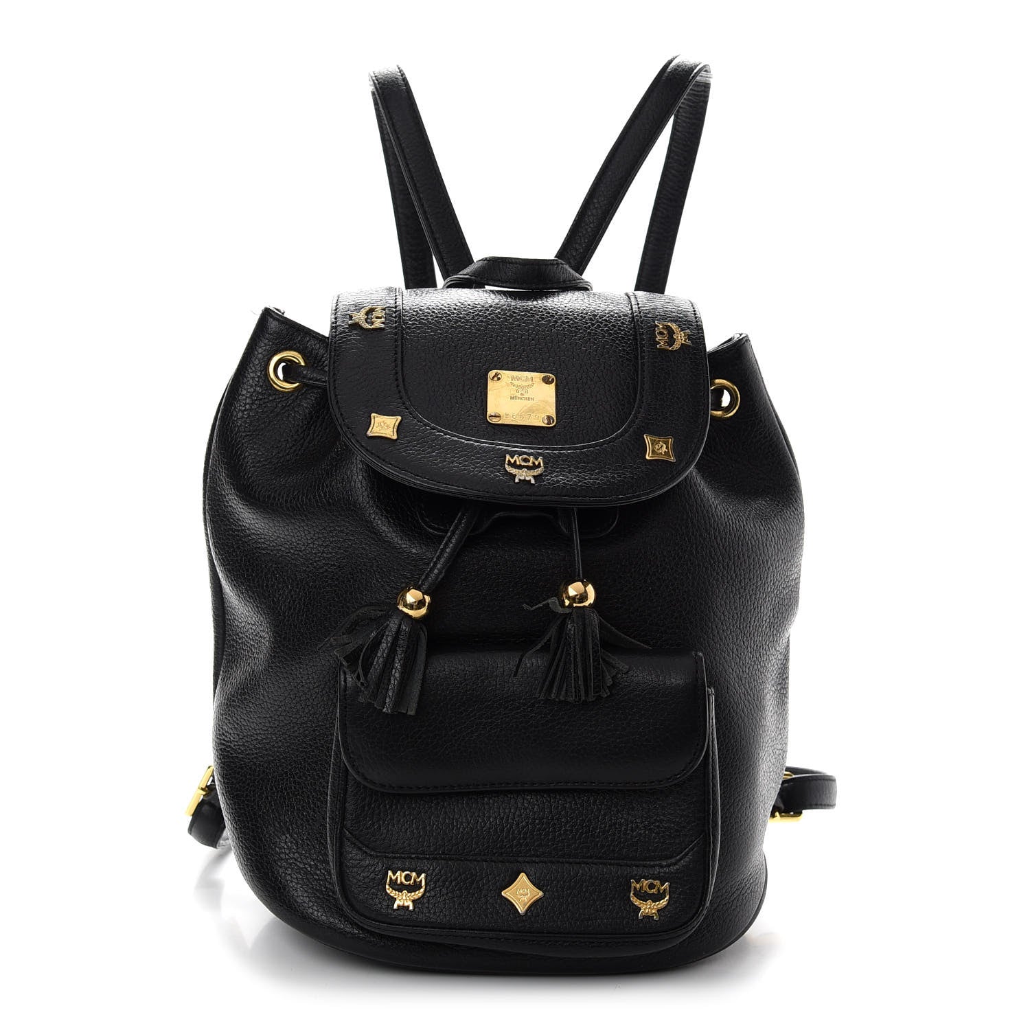 MCM Grained Calfskin Studded Drawstring Backpack Black 1 of 11