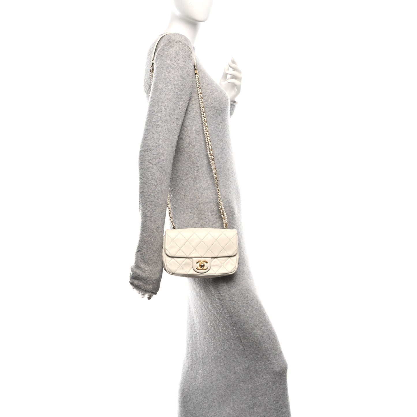 Calfskin Quilted Crystal Pearls Small Flap Bag White