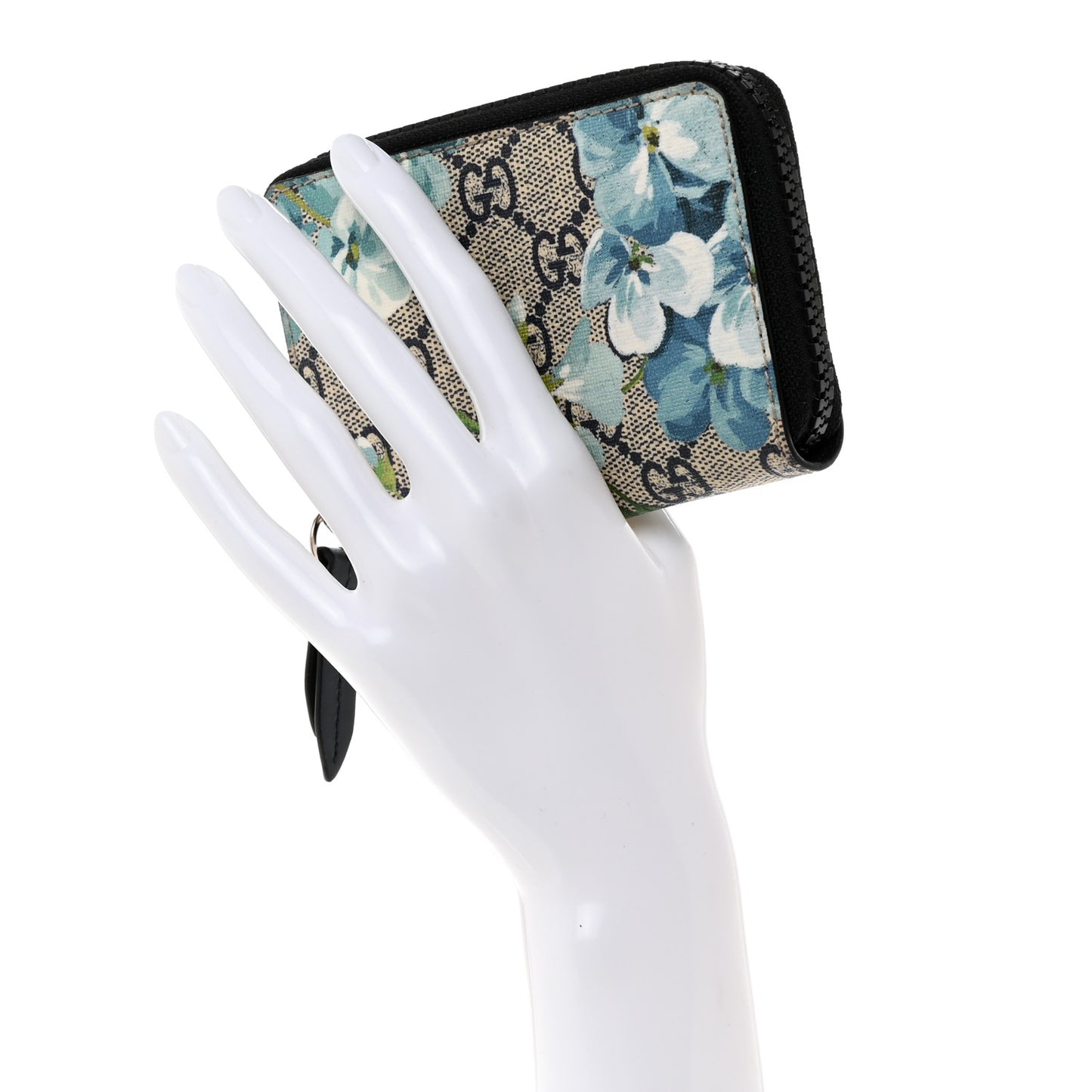 GG Supreme Monogram Blooms Zip Around Card Case Wallet Beige Blue Navy