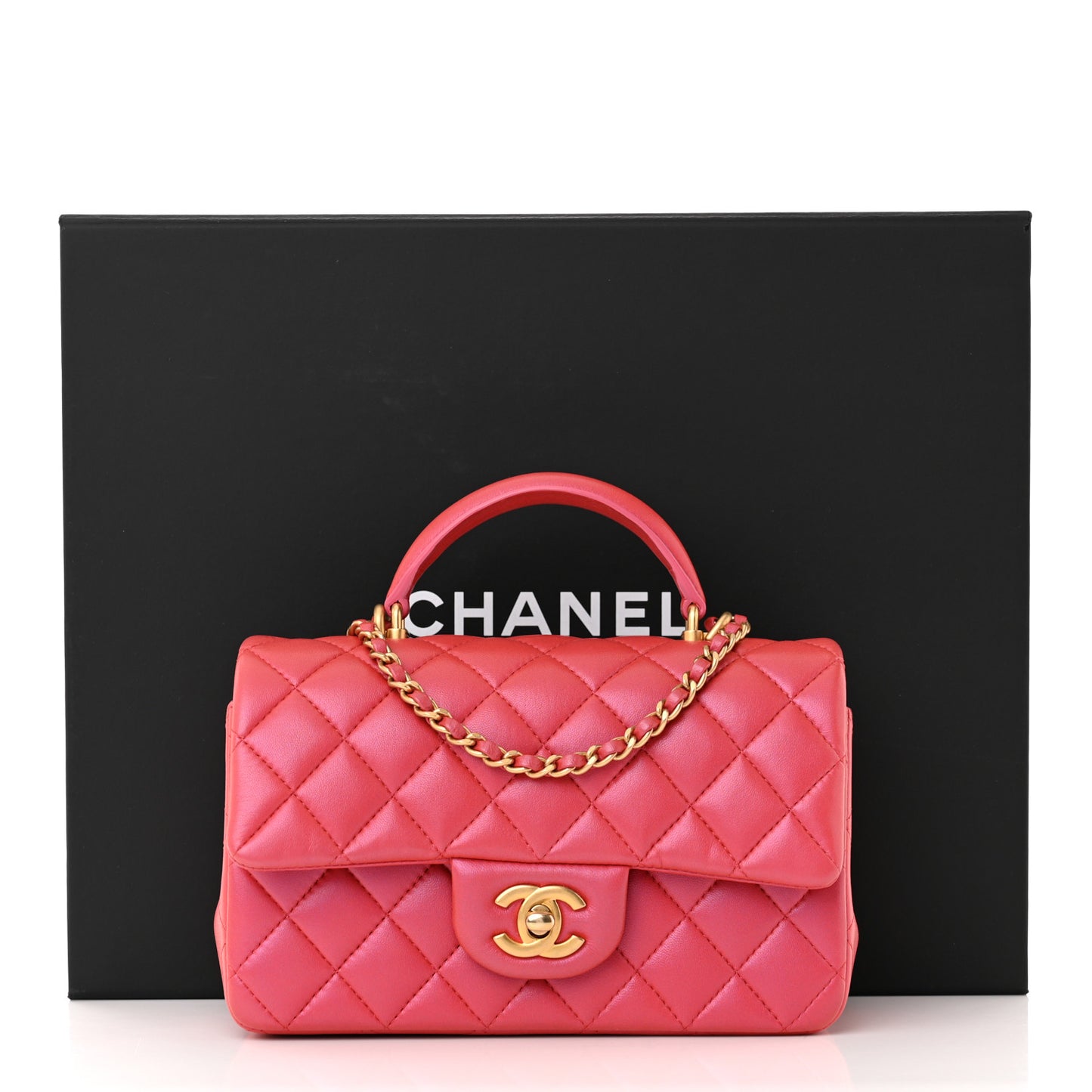 Iridescent Lambskin Quilted Mini Top Handle Rectangular Flap Red