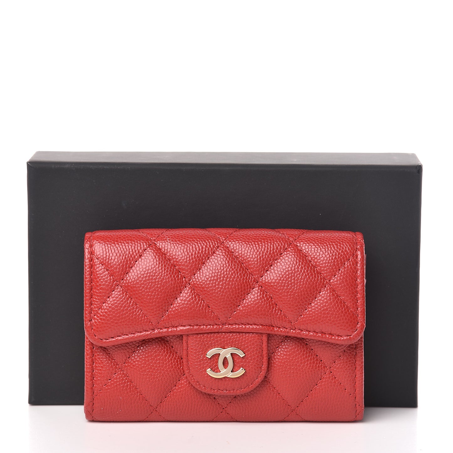 Caviar Quilted Flap Card Holder Wallet Red