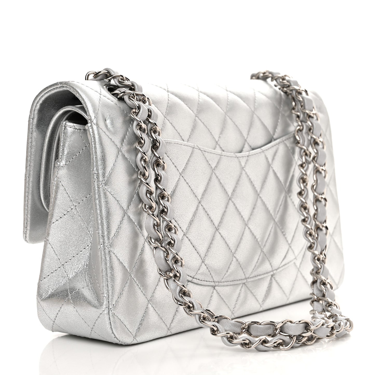 Metallic Lambskin Quilted Medium Double Flap Silver