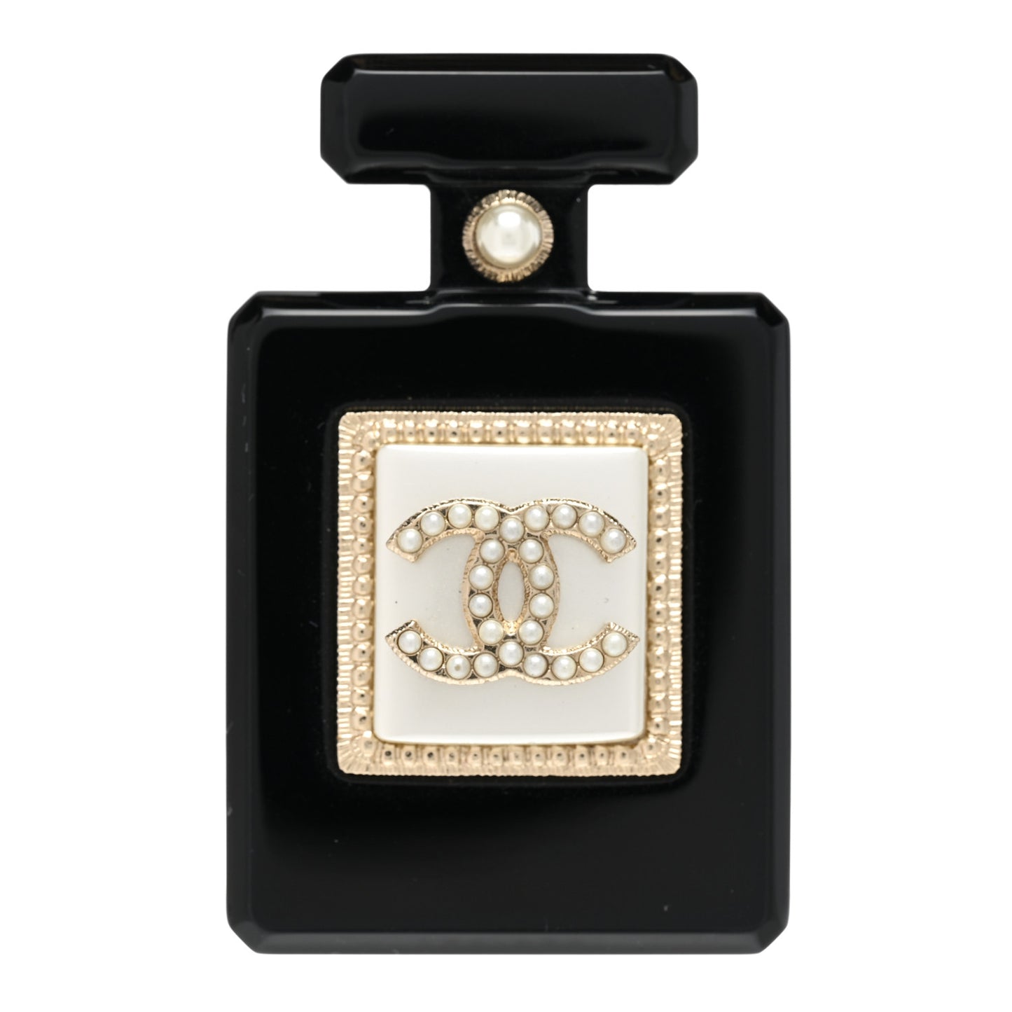 Resin Pearl Perfume Bottle CC Brooch Black Gold