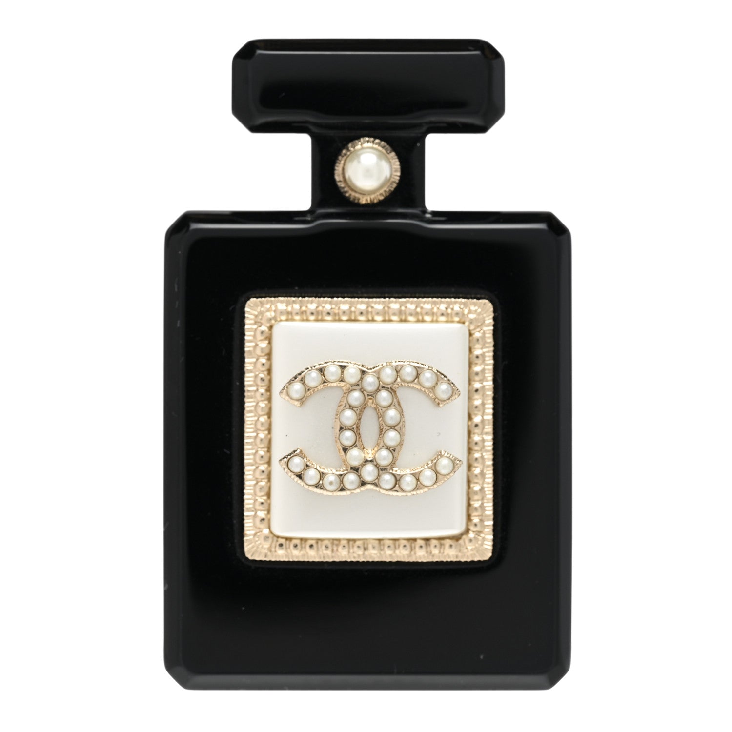 Chanel Resin Pearl Perfume Bottle CC Brooch Black Gold 1 of 5