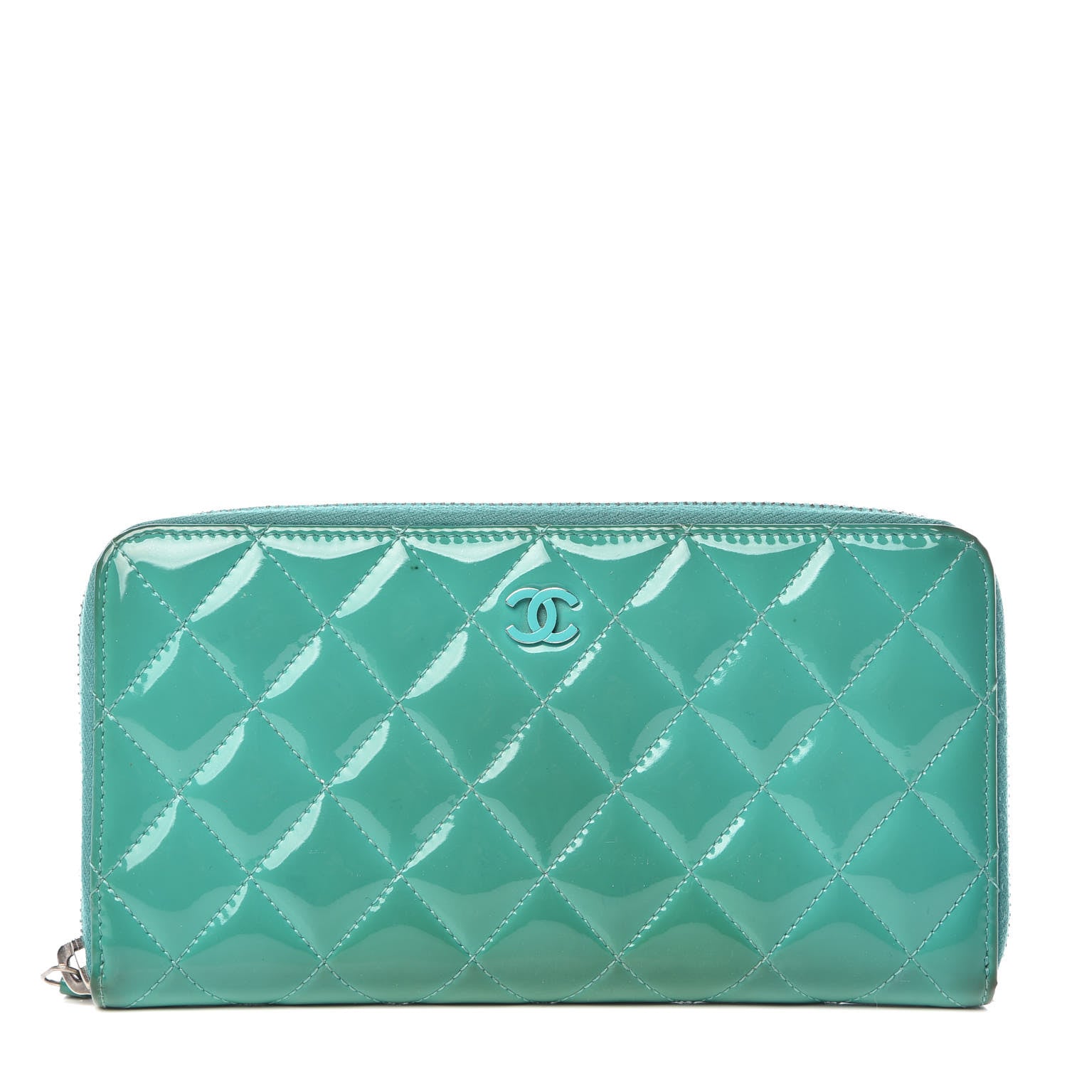 Chanel Patent Calfskin Quilted Large Gusset Zip Around Wallet Green 1 of 19