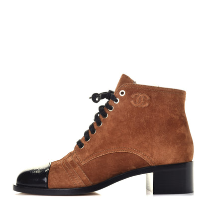 Chanel Suede Patent Cap Toe CC Boots 39 Beige Black 1 of 9