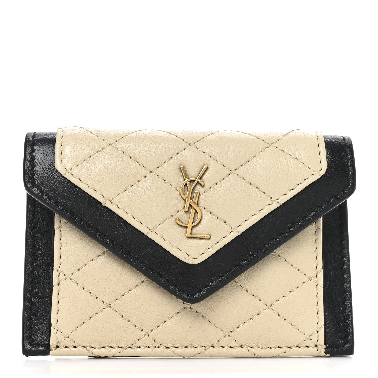 Saint Laurent Lambskin Quilted Monogram Gaby Small Envelope Card Case Black White 1 of 6