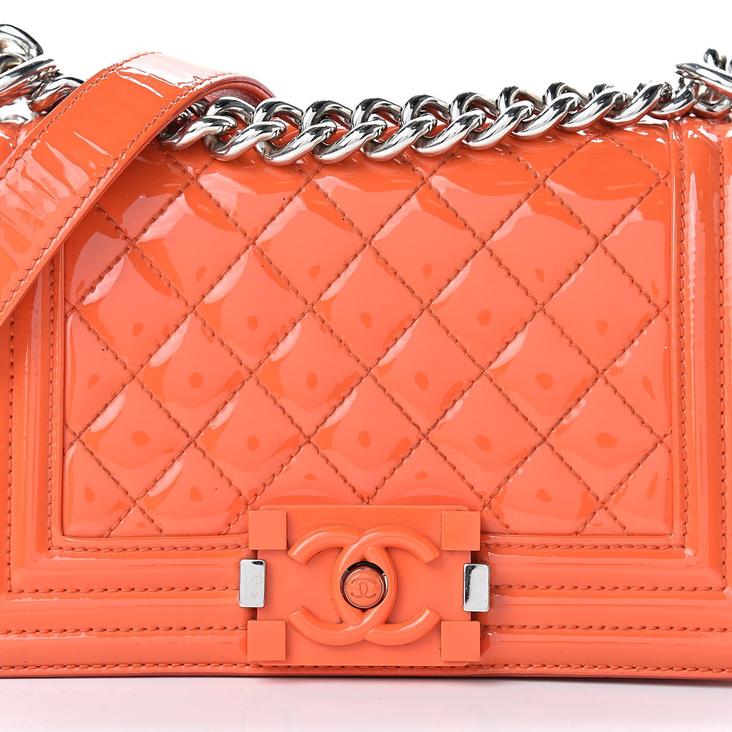 Patent Calfskin Quilted Small Plexiglass Boy Flap Orange