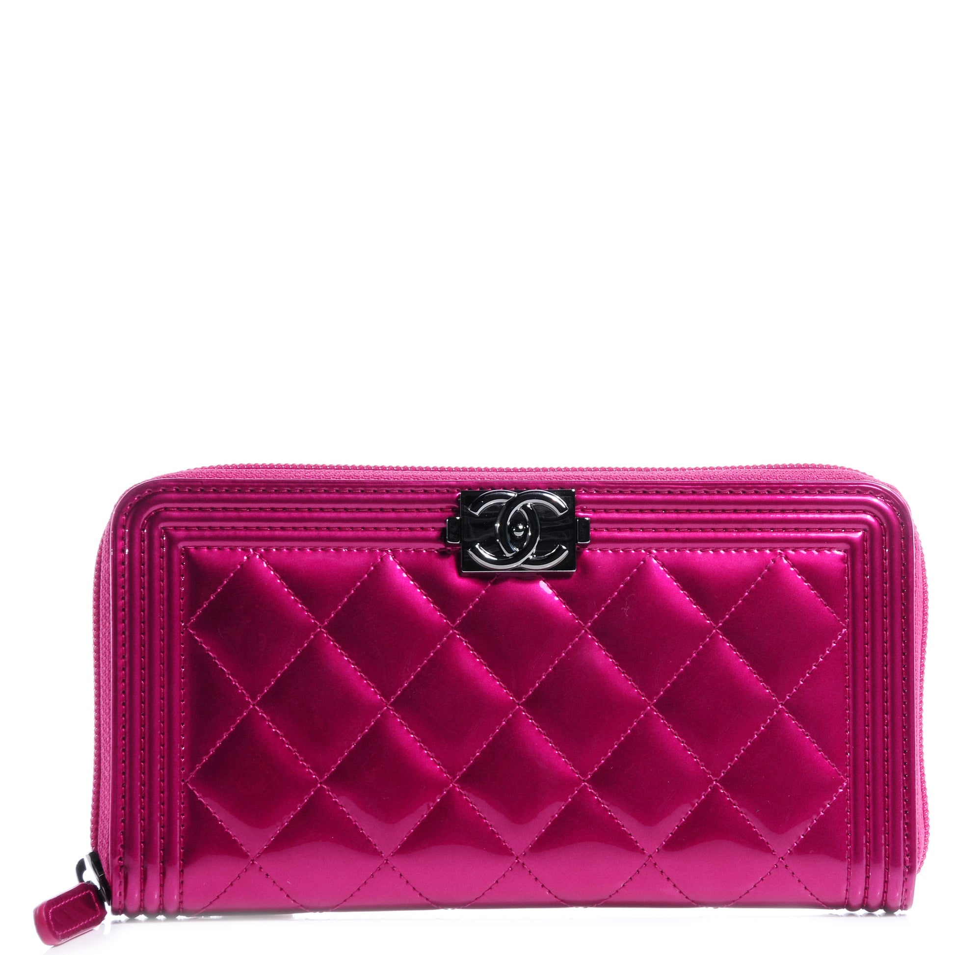 Chanel Metallic Patent Quilted Boy L-Gusset Zip Wallet Pink 1 of 9