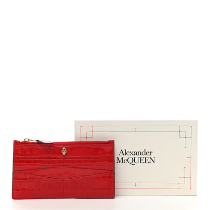 Alexander McQueen Calfskin Crocodile Embossed Skull Zip Wallet Card Holder Deep Red 8 of 8