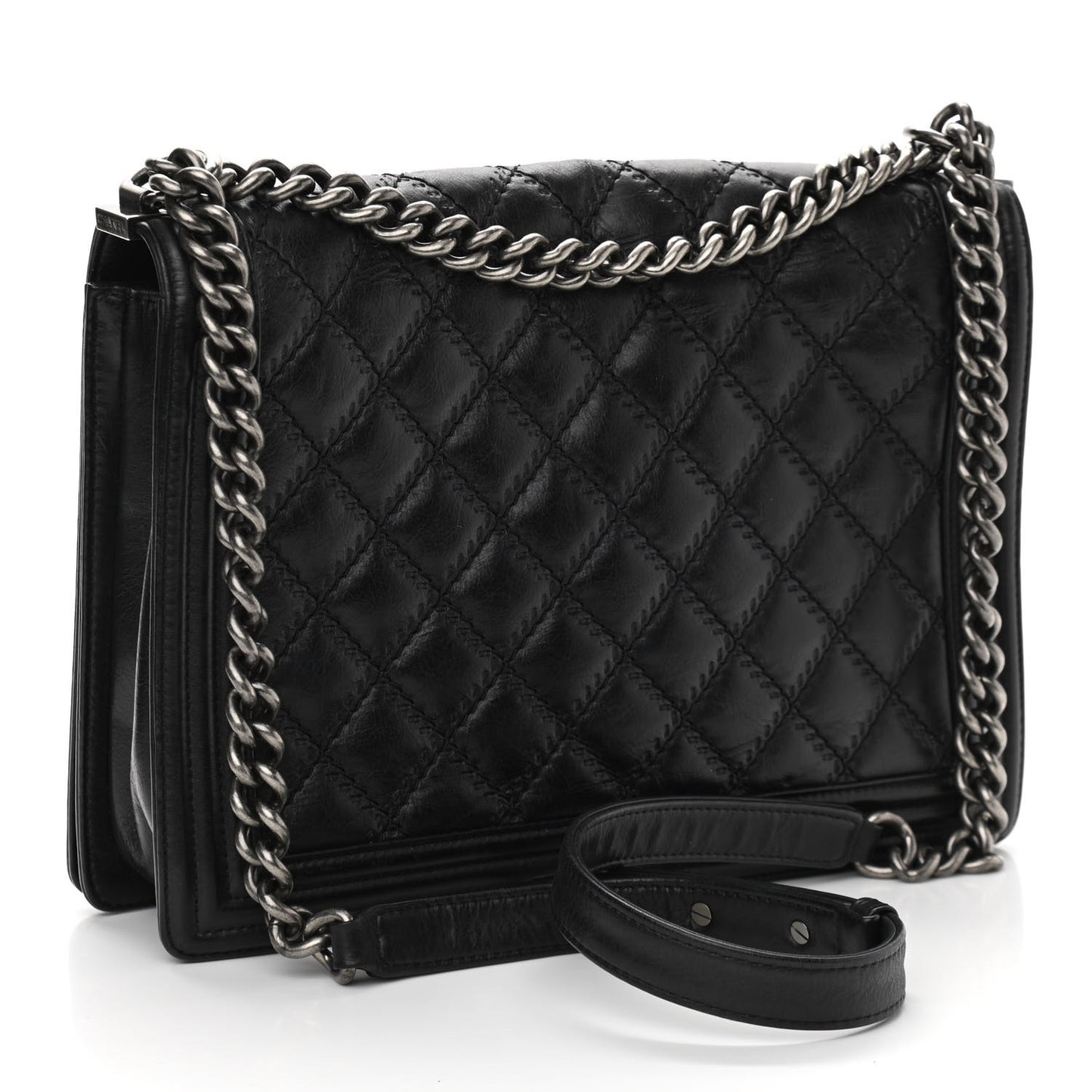 Calfskin Embossed Stitch Large Boy Flap Black